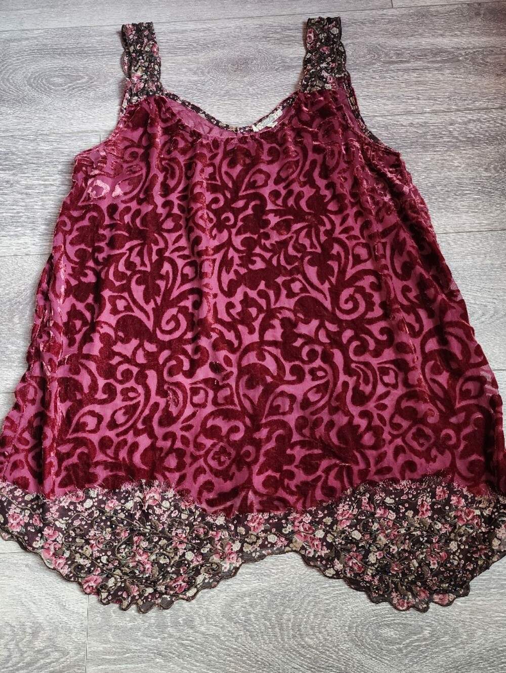 Burgundy Wine Sheer Velvet Burnout Oversize Tank Beaded Asymmetrical Hem Large